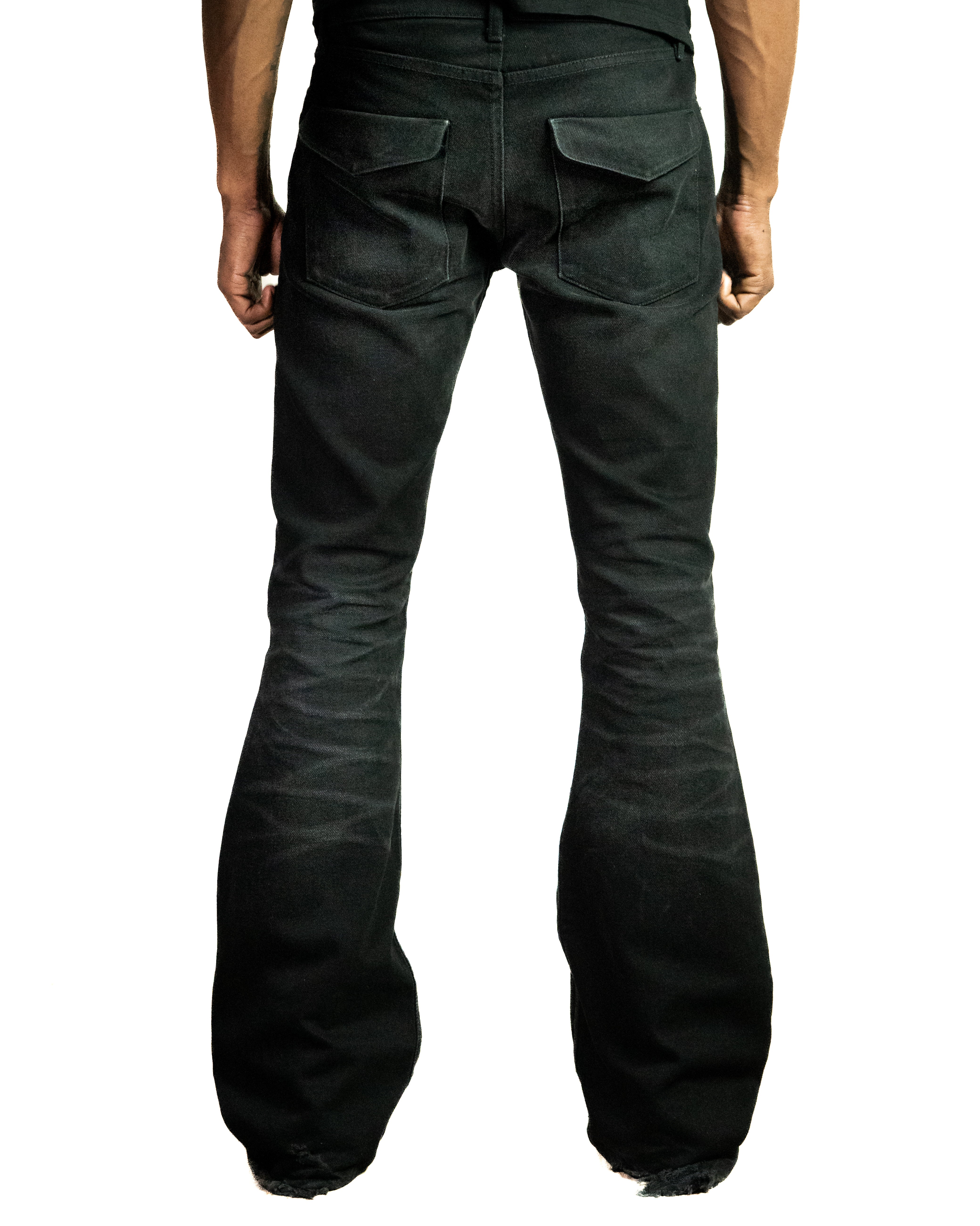 Back: Selah Denim Black bootcut jeans back view, raw hem detail
