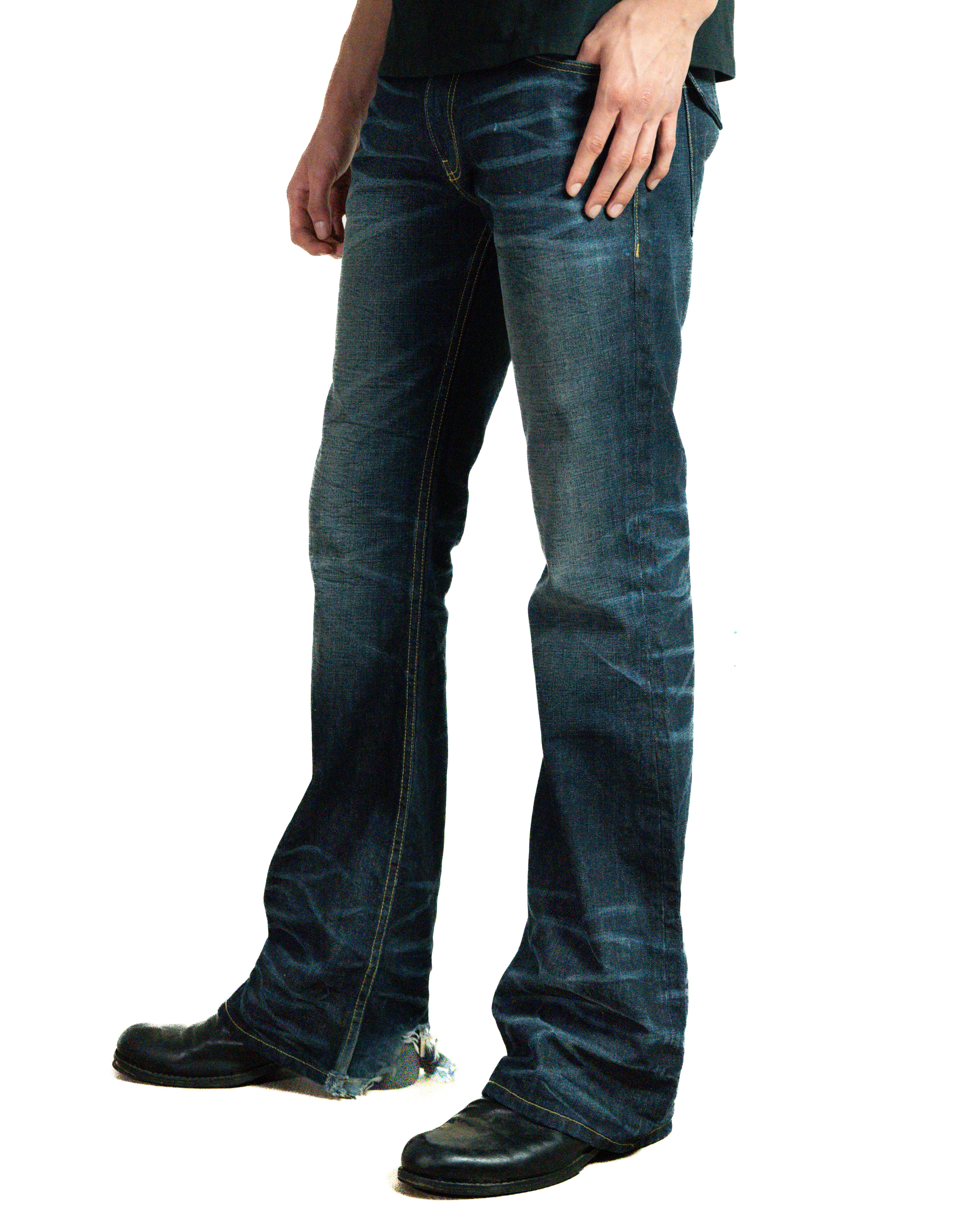 3/4: Selah Denim Blue three quarter view, high-contrast whiskering and fading
