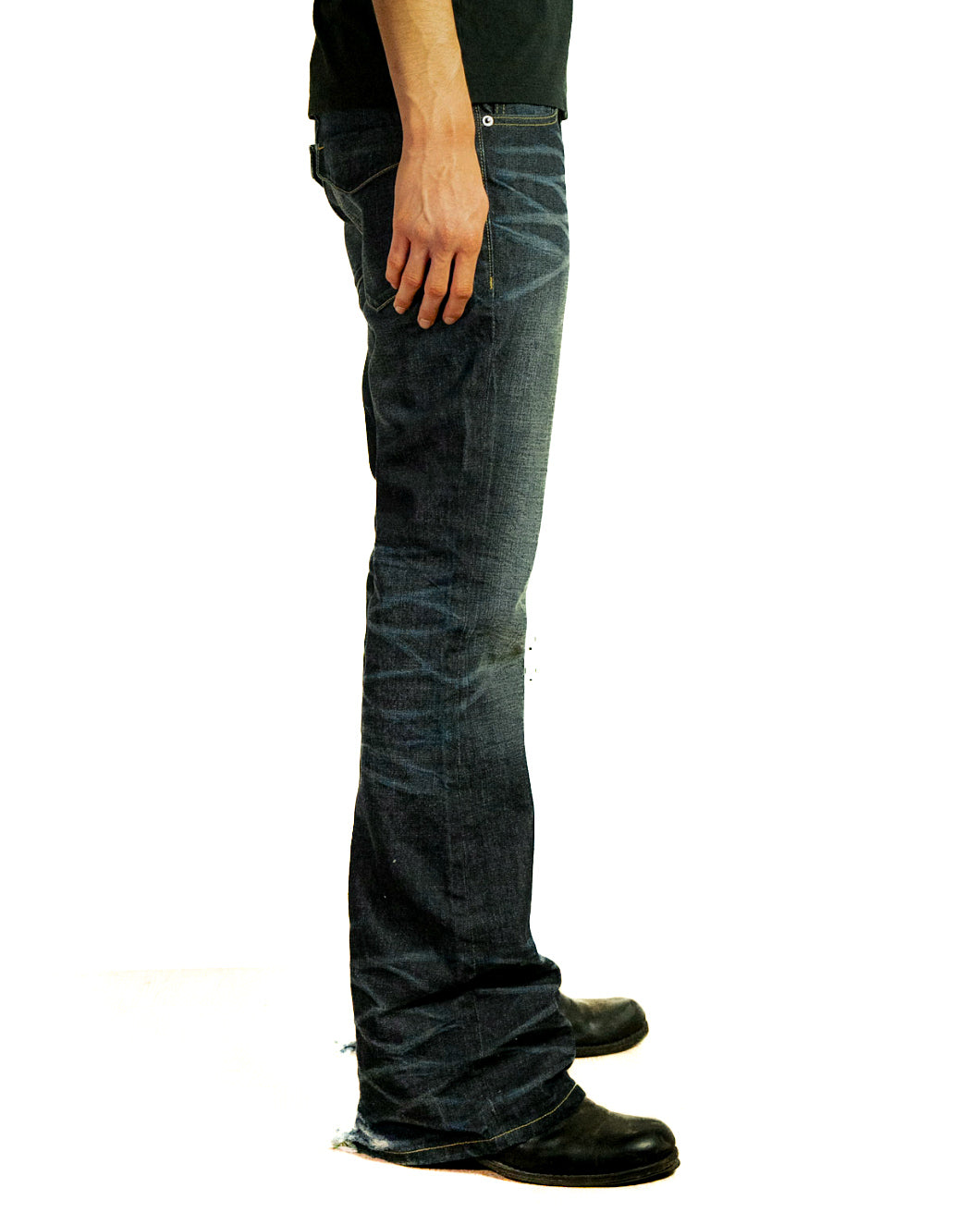 Side: Selah Denim Blue side profile, extended inseam for natural stacking
