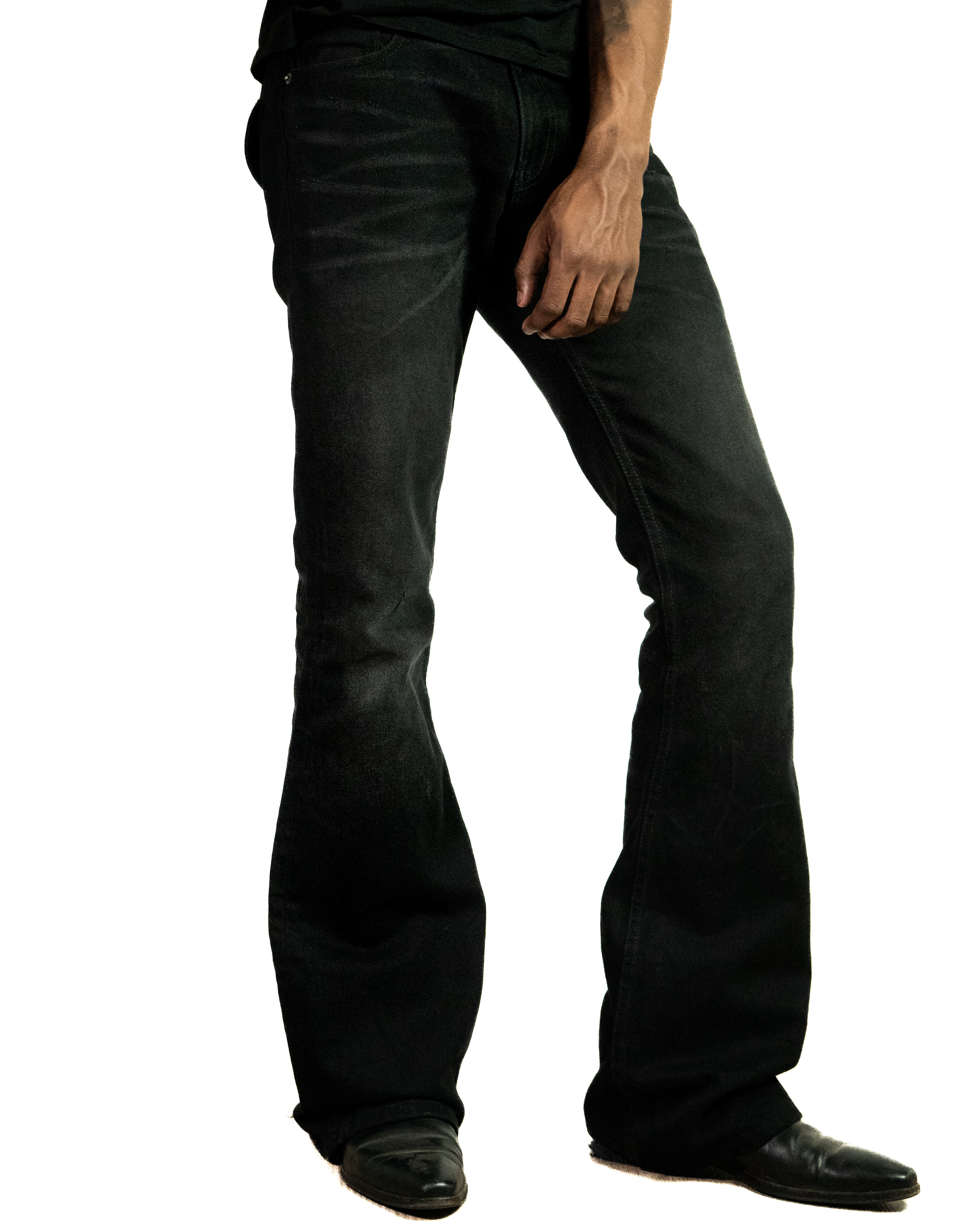 3/4: Selah Denim Black three quarter view, custom wash and fading detail
