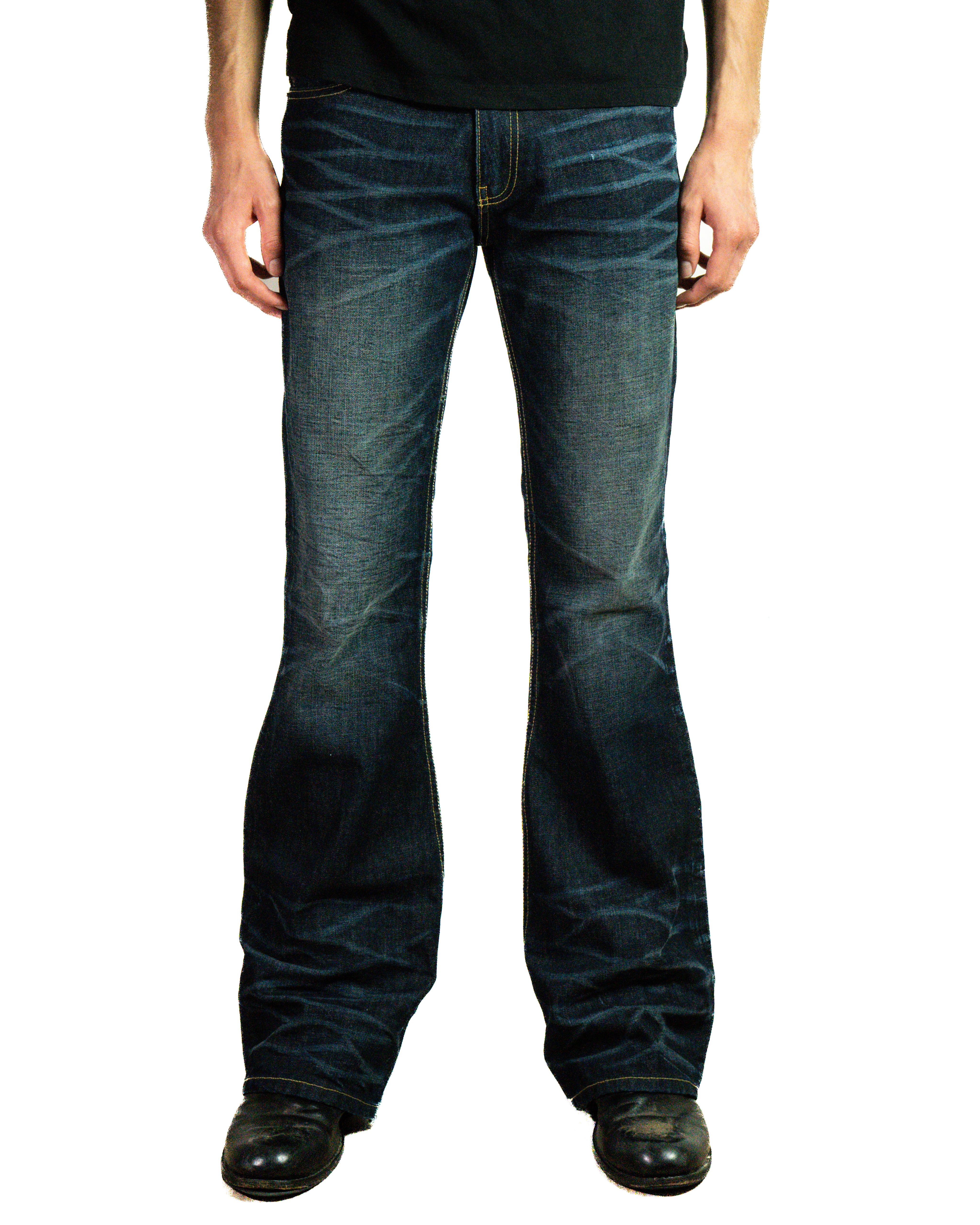 Front: Selah Denim Blue bootcut jeans front view, slim elongated silhouette