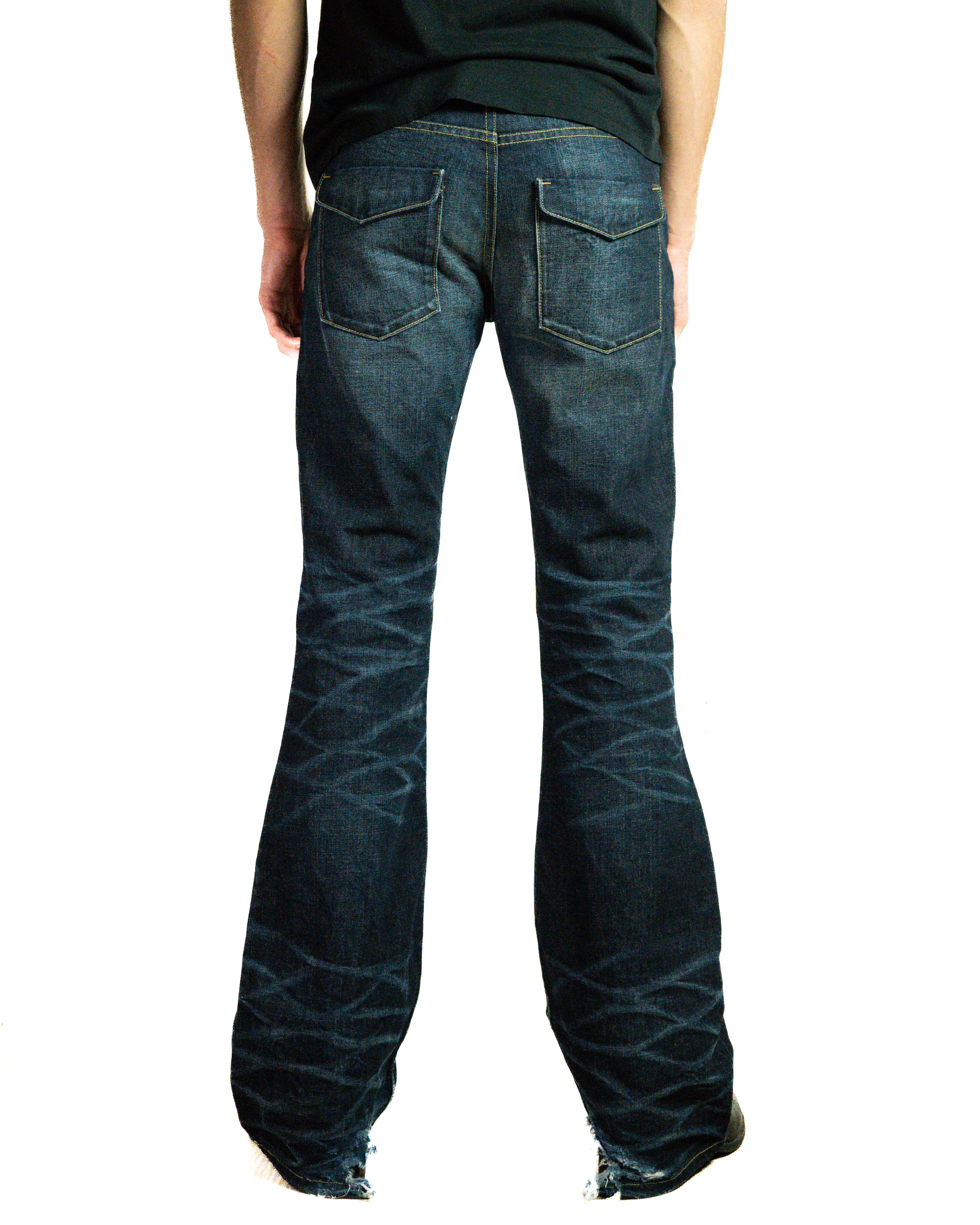 Back: Selah Denim Blue bootcut jeans back view, raw hem and custom wash detail
