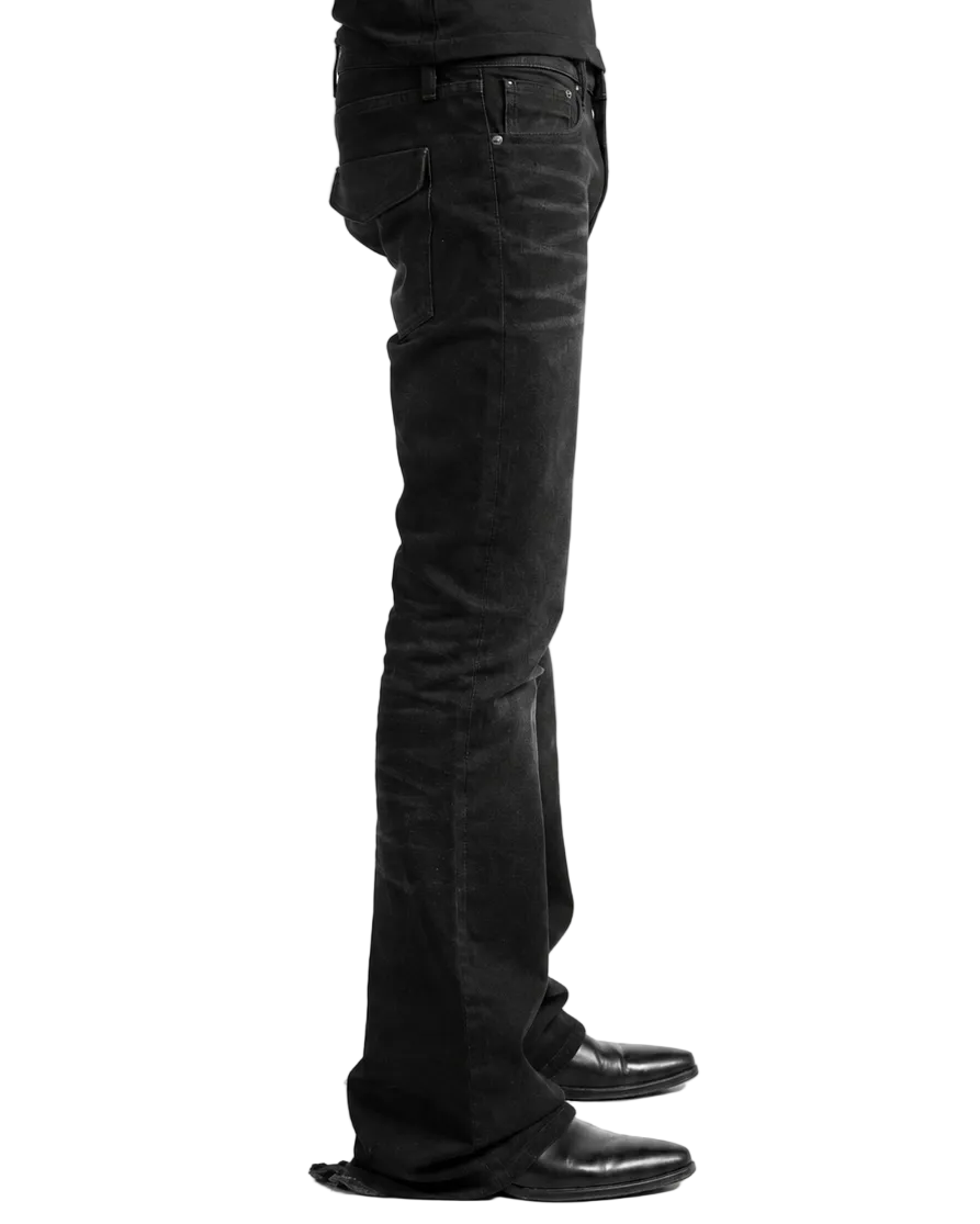 Side: Selah Denim Black side profile, slim elongated silhouette
